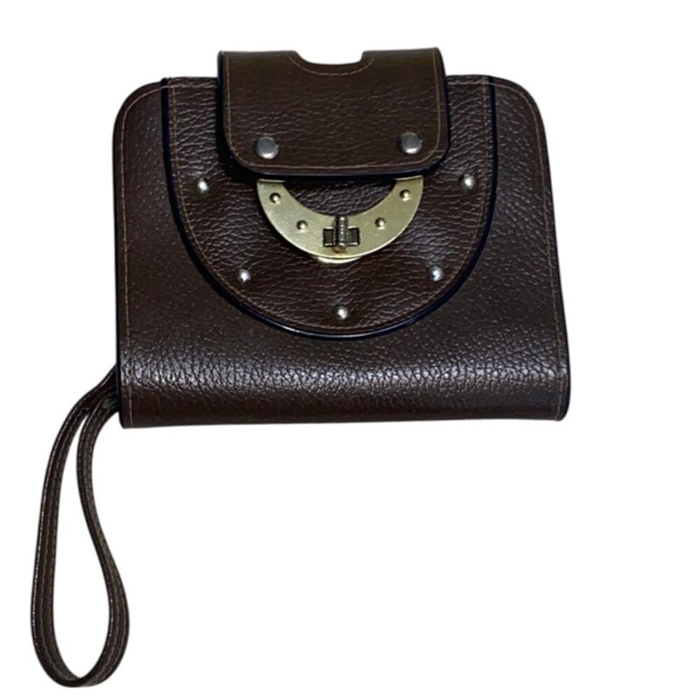 Y2K Wristlet Brown Bag Wallet Faux Leather Turn Lock Meatal Clasp